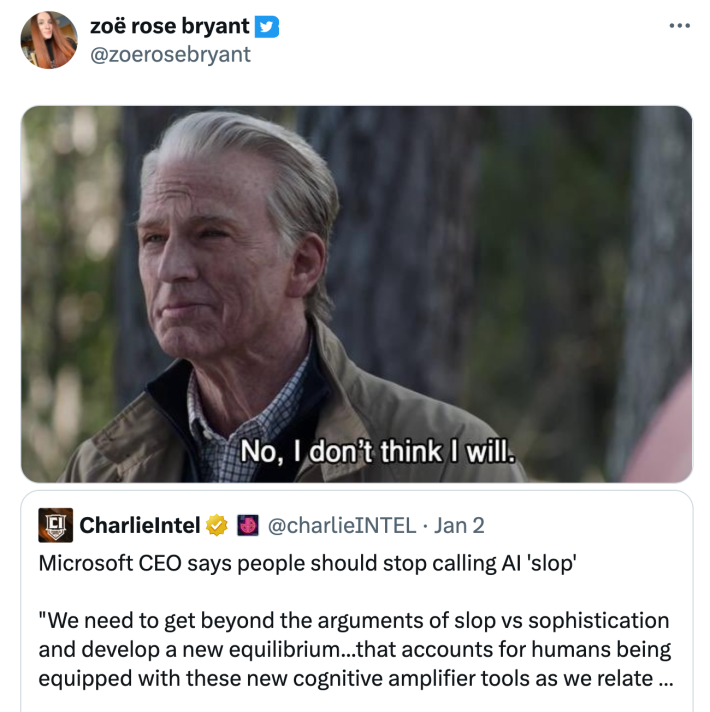 Elderly Steve Rogers meme saying, "No, I don't think I will," in response to being told not to call AI "slop."