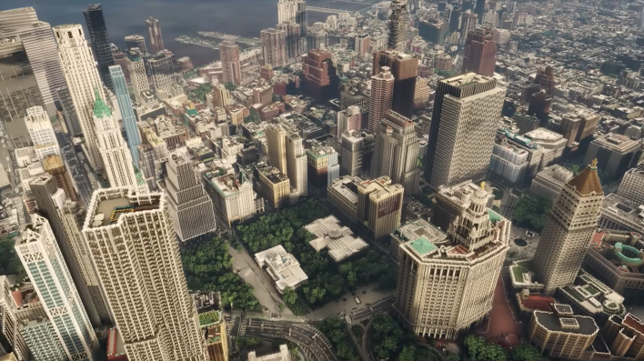 A birds-eye view of Manhattan built in Minecraft and looking like it could be a photograph with the level of detail.