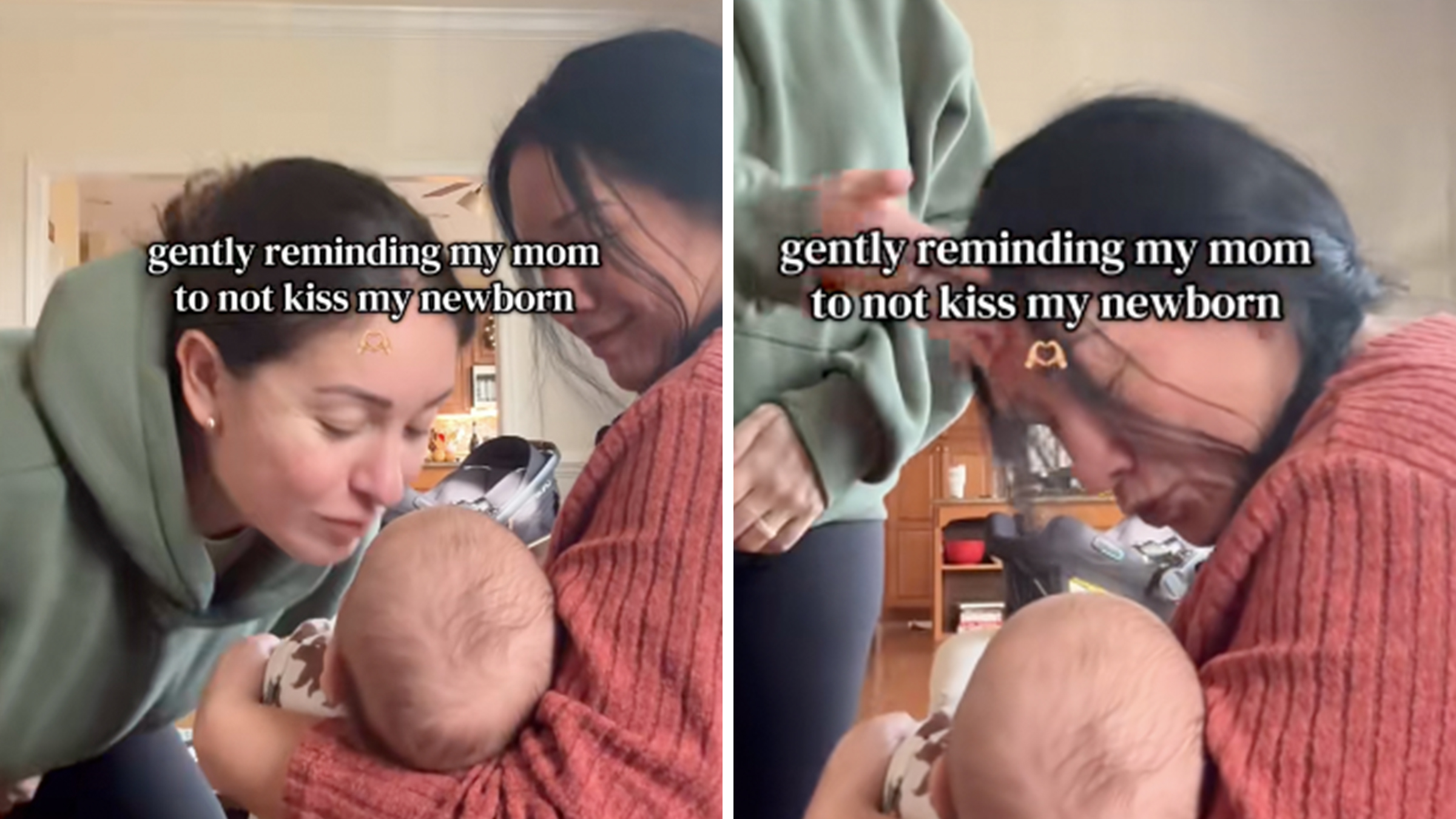 Woman bending over another woman holding a newborn baby, smacking her lightly on the head. Text overlay reads, "gently reminding my mom to not kiss my newborn."