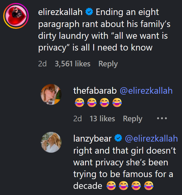 Instagram comment reading "Ending an eight paragraph rant about his family’s dirty laundry with “all we want is privacy” is all I need to know" and replies.