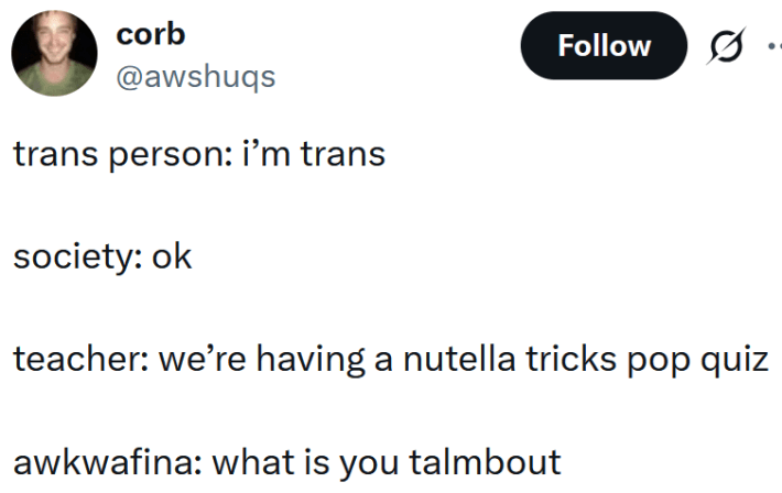 Tweet reading "trans person: i’m trans society: ok teacher: we’re having a nutella tricks pop quiz awkwafina: what is you talmbout"