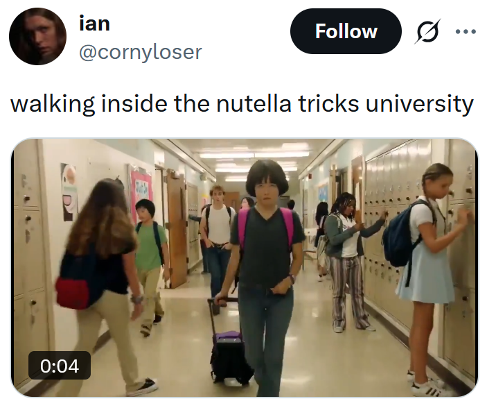 Tweet reading "walking inside the nutella tricks university" with a video clip.