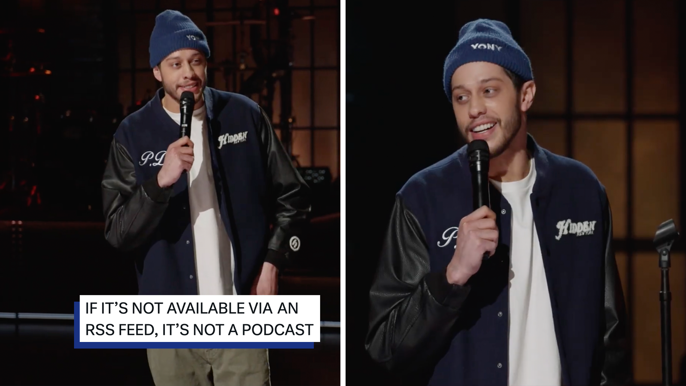 pete davidson holding a mic doing standup
