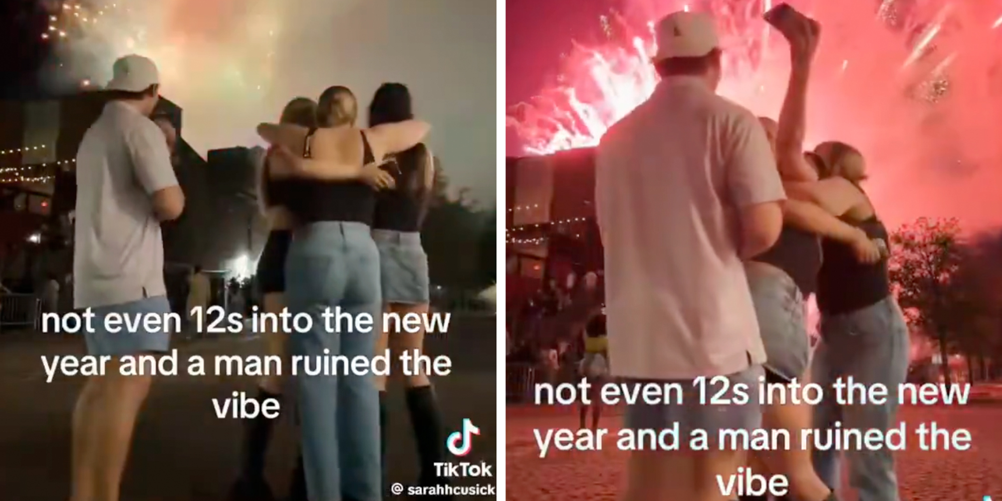 Three girls hugging as they look at fireworks, a tall man in a white polo, a backwards cap, and shorts, stands right behind them. Text overlay reads, "Not even 12s into the new year and a man ruined the vibe."