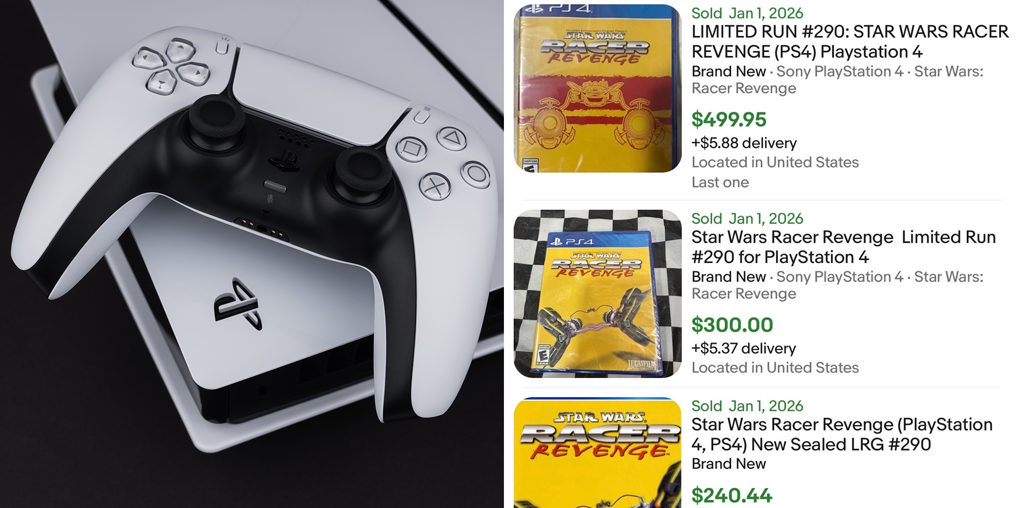 Left: A white Sony Playstation 5 controller and PlayStation 5 console on a dark table. Right: Ebay screenshot of Star Wars Racer Revenge video game showing resale prices of $240-$499.