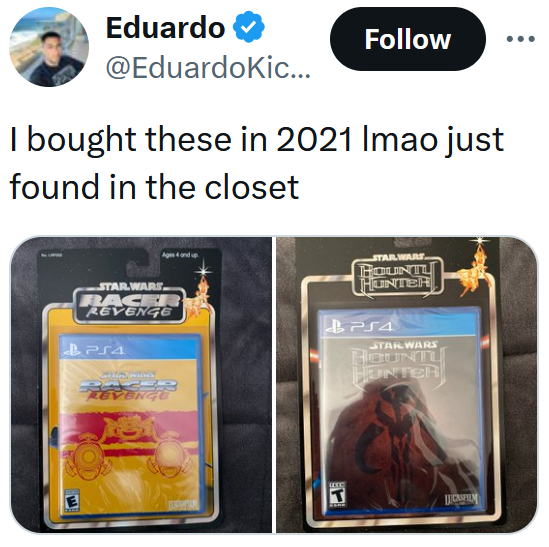 Tweet reading "I bought these in 2021 lmao just found in the closet" over photos of two Star Wars PS4 games including Star Wars Racer Revenge.