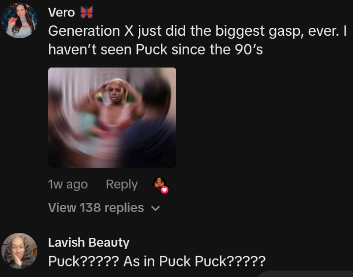 TikTok comments including one reading "Generation X just did the biggest gasp, ever. I haven’t seen Puck since the 90’s"