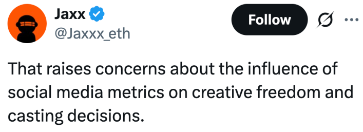 That raises concerns about the influence of social media metrics on creative freedom and casting decisions.
