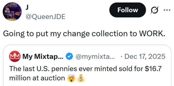 Tweet reading "Going to put my change collection to WORK."