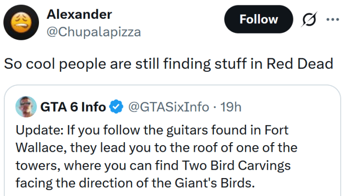 Tweet reading "So cool people are still finding stuff in Red Dead"