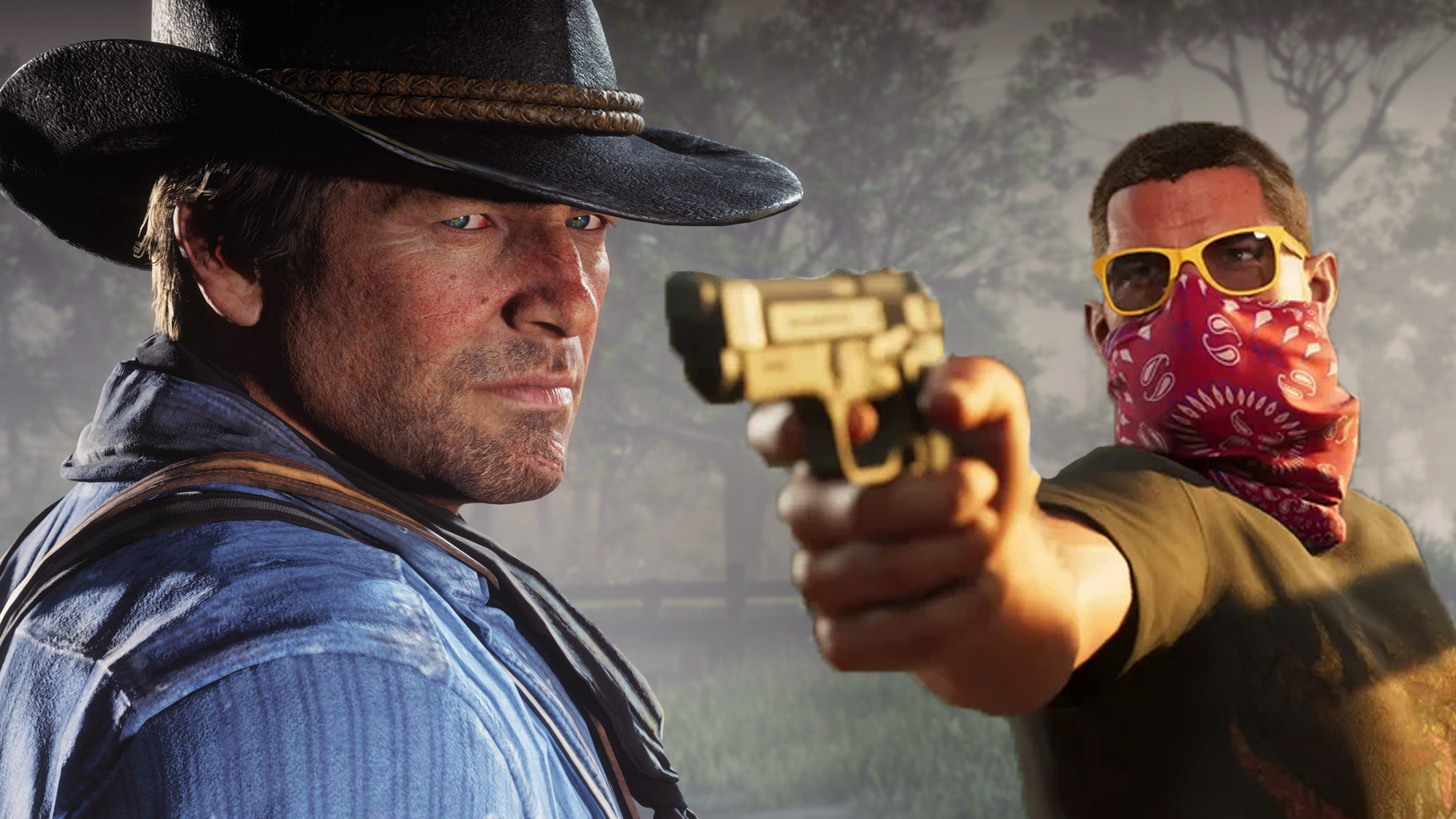 Composite of Read Dead Redemption 2 protagonist Arthur Morgan alongside Grand Theft Auto 6 character wearing a red bandana, yellow sunglasses, and pointed a gun.