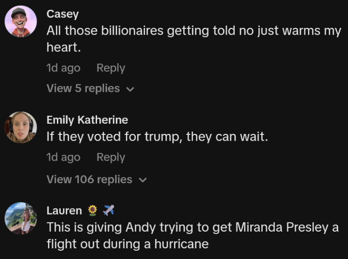 TikTok comments including one reading "All those billionaires getting told no just warms my heart."