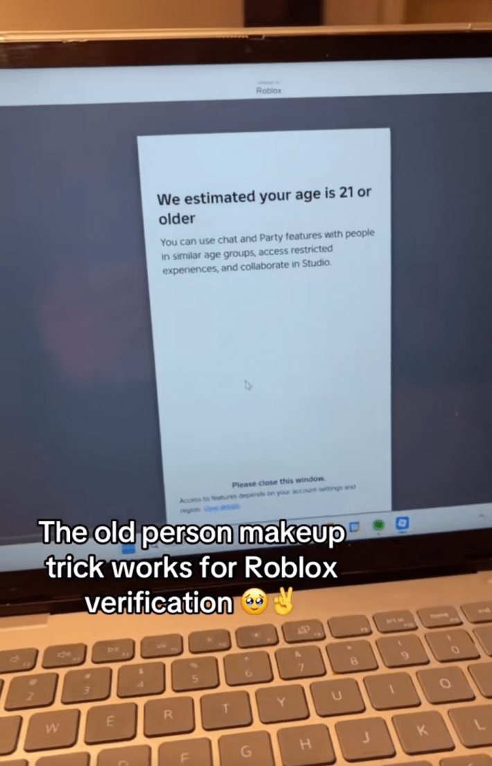 roblox screenshot saying "your age is 21 or older"