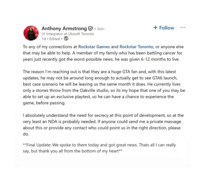 LinkedIn post detailing a request for contact with Rockstar Games to enable a terminally ill family member to play GTA6 early.