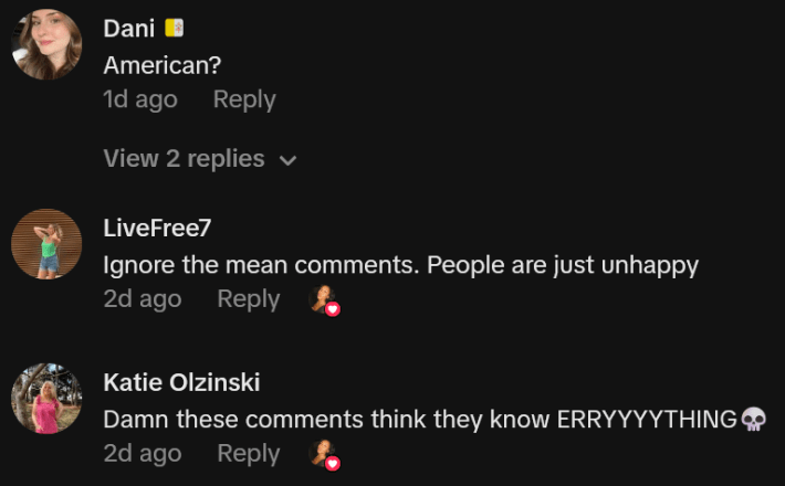 TikTok comments including one reading "American?"