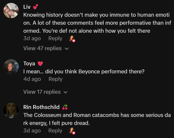 TikTok comments including one reading "Knowing history doesn’t make you immune to human emotion. A lot of these comments feel more performative than informed. You’re def not alone with how you felt there"