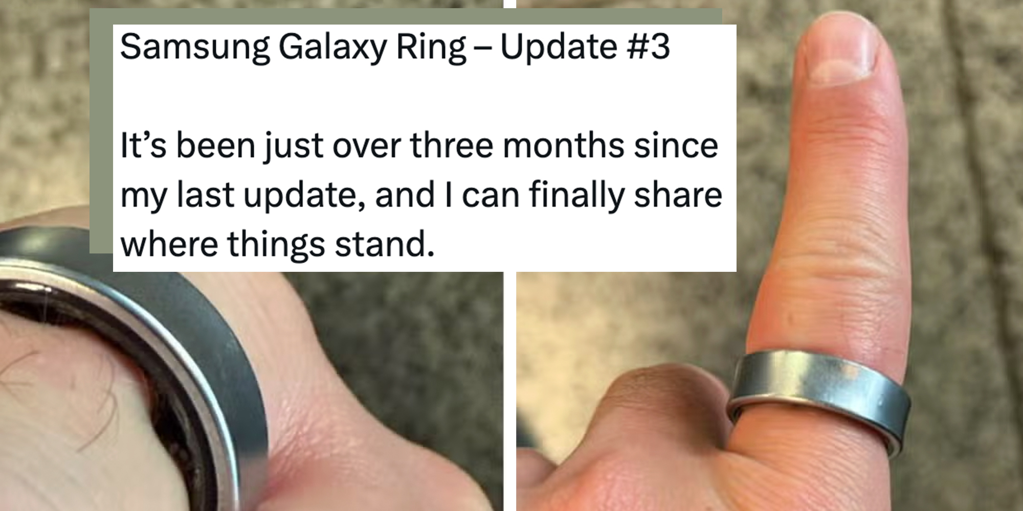 Samsung Galaxy Ring painfully swelling around a man's index finger. Tweet text overlay reads, "Samsung Galaxy Ring – Update #3 It’s been just over three months since my last update, and I can finally share where things stand."