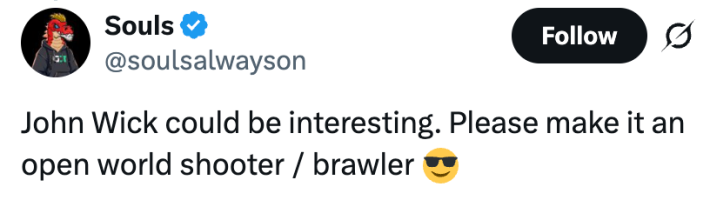 John Wick could be interesting. Please make it an open world shooter / brawler 😎