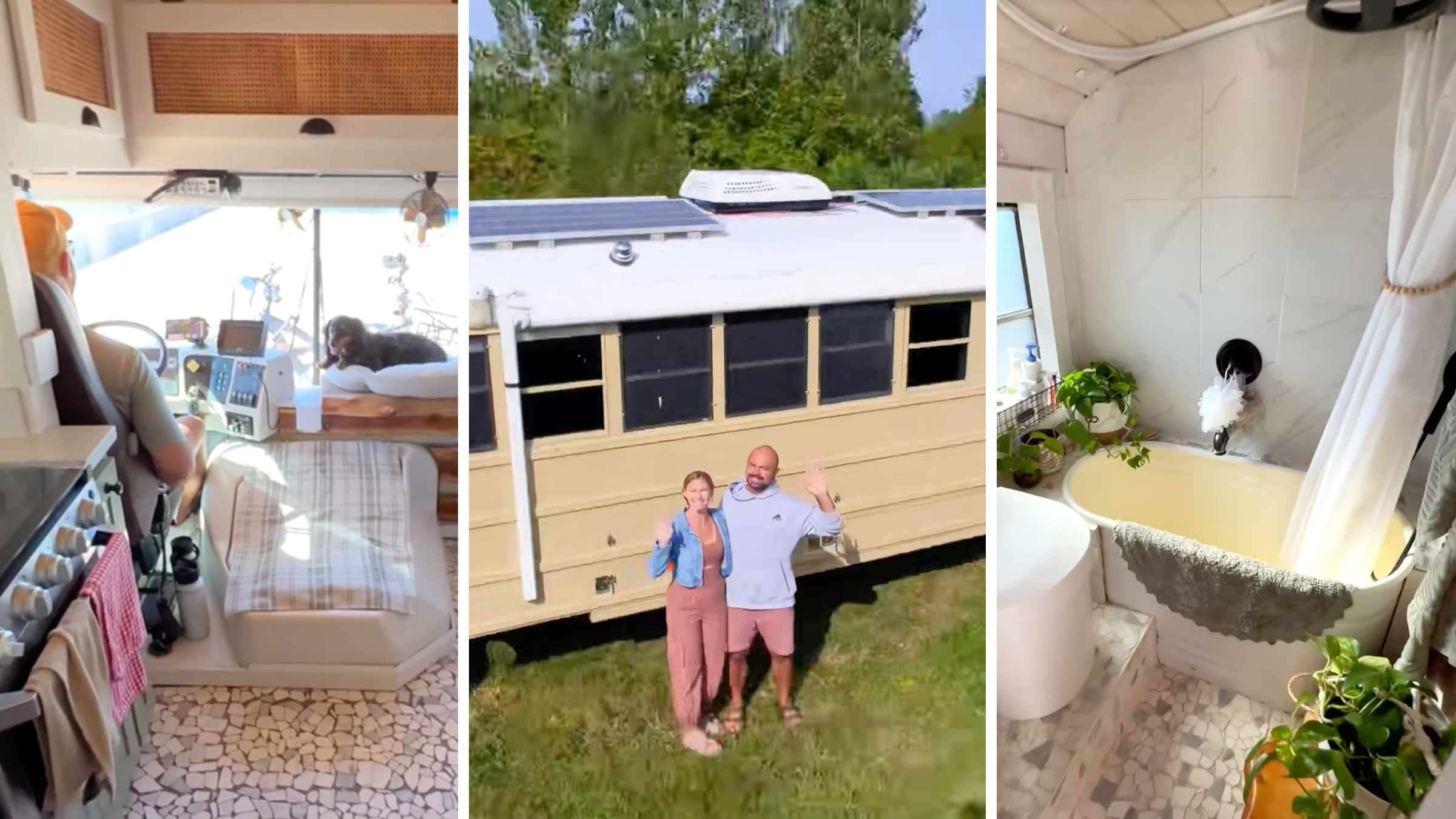 3 panel: School bus transformed into a home. Left: View of the front of the school bus interior shot from behind, a man driving and a small dog on the dashboard visible. Middle: Couple standing in front of a yellow school bus and waving, birds eye view. Right: Interior of a school bus bathroom with a tub.