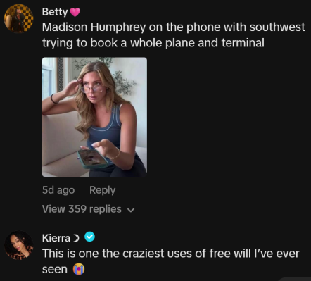 TikTok comments including one reading "Madison Humphrey on the phone with southwest trying to book a whole plane and terminal"