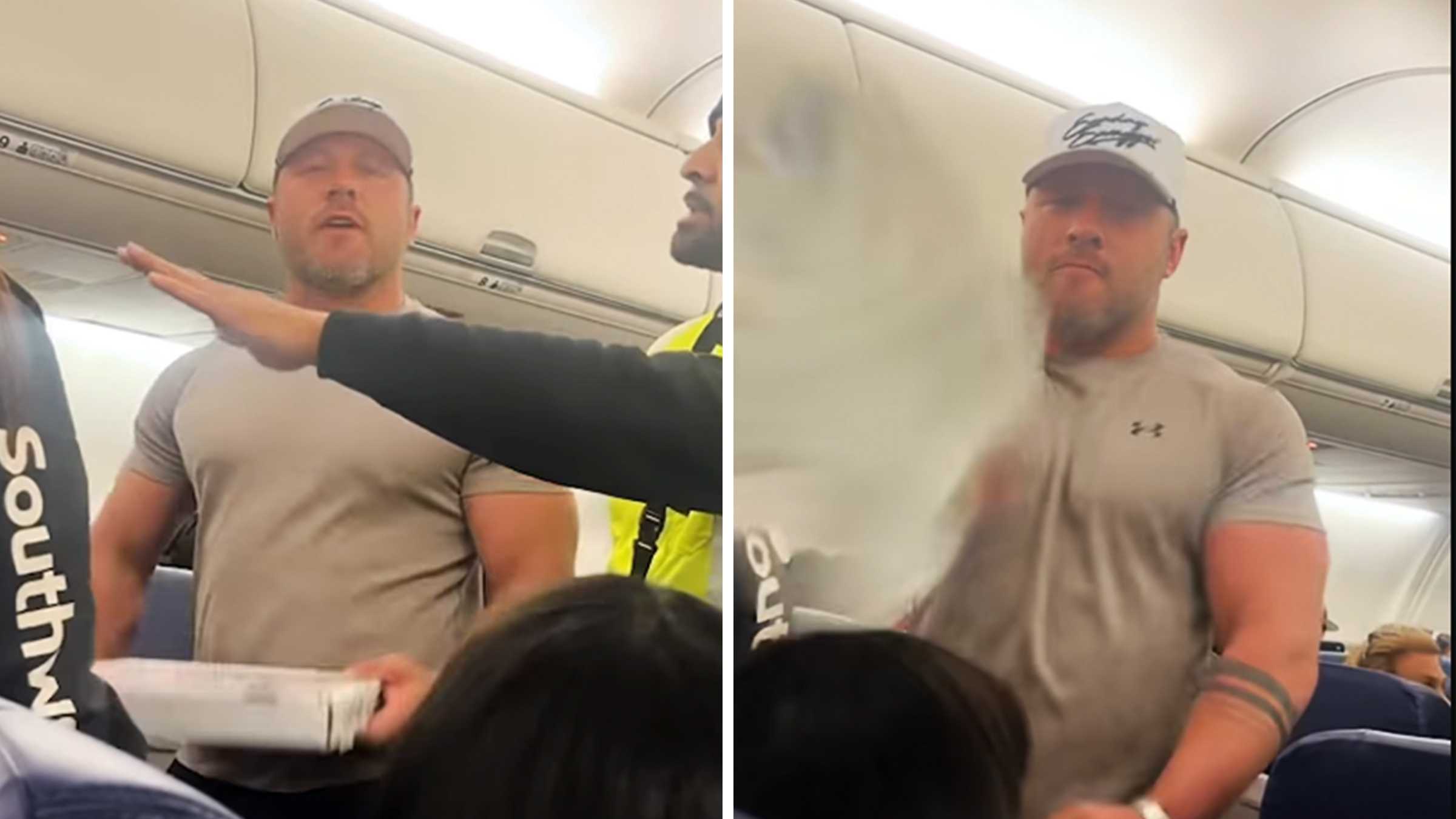 Man in a gray t-shirt and and baseball cap standing in the aisle of a Southwest Airlines airplane. Panel on the right shows him in the middle of throwing a white plastic bag.