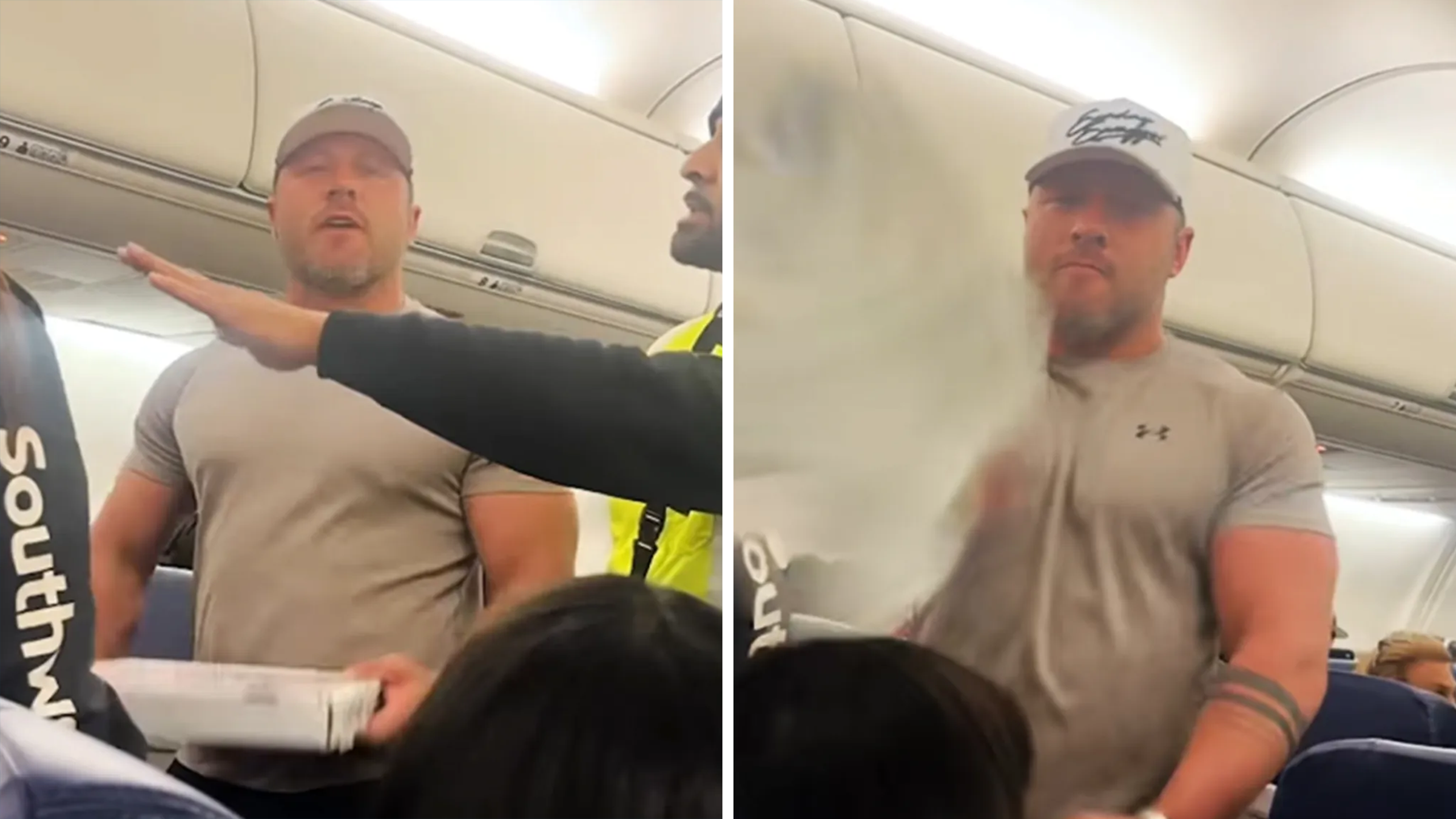 Man in a gray t-shirt and and baseball cap standing in the aisle of a Southwest Airlines airplane. Panel on the right shows him in the middle of throwing a white plastic bag.