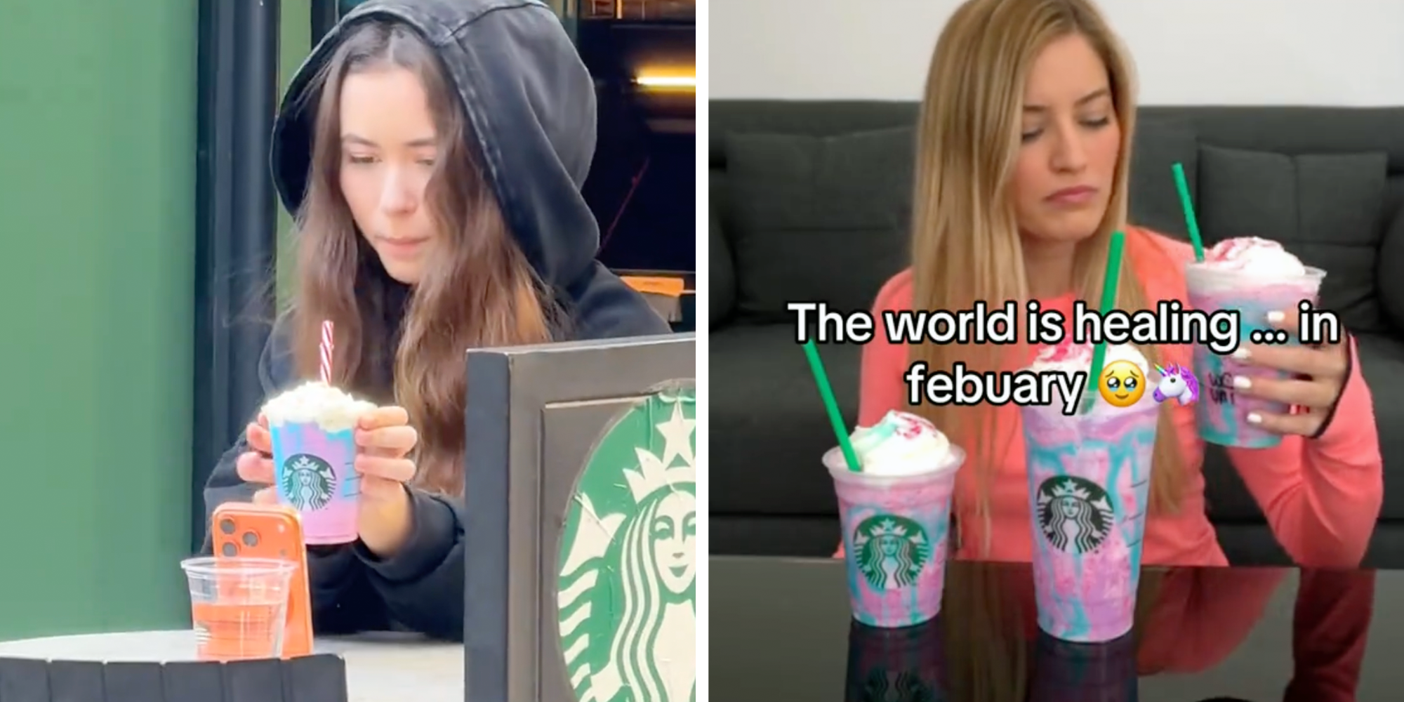 women holding a starbucks unicorn frappe