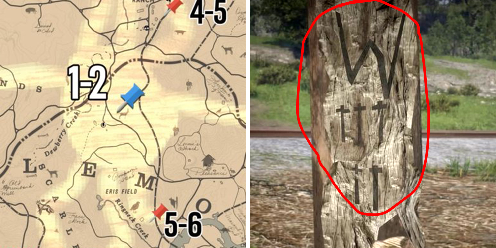 Left: Game map from Red Dead Redemption 2 video game. Right: RDR2 in-game easter egg showing 5 crosses etched into a telephone pole.