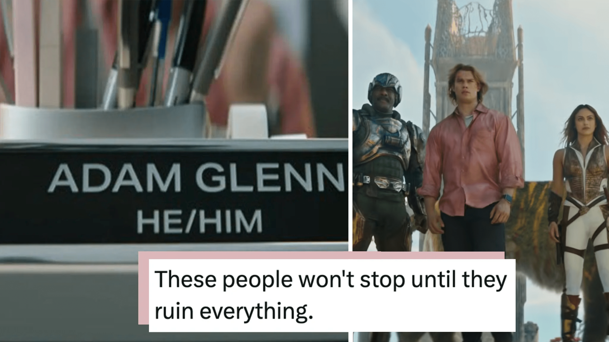 Left: Desk name reads "Adam Glenn" above "he/him." Right: Nicholas Galitzine starring as Adam Glenn in new "Masters of the Universe" trailer. Tweet text overlay reads, "These people won't stop until they ruin everything."