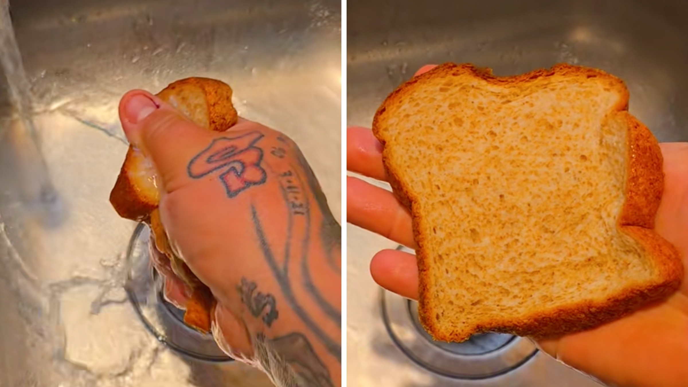 Left: Man's tattooed hand scrunching a wet slice of bread in his fist in a sink. Man's tattooed hand running a slice of bread under the tap.