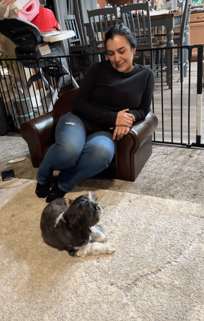 @josuemtz27/TikTok woman sitting on tiny couch with tiny dog