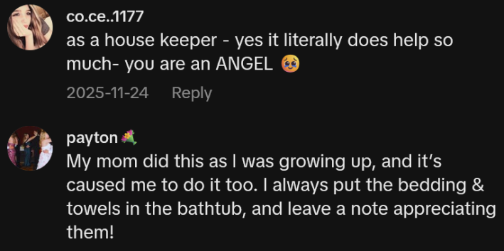 TikTok comments including one reading "as a house keeper - yes it literally does help so much- you are an ANGEL"