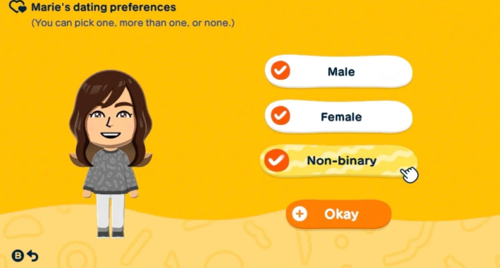 u/kevinsagadx/ via Reddit- Mii creation screen from Tomodachi Life including nonbinary as a dating preference option
