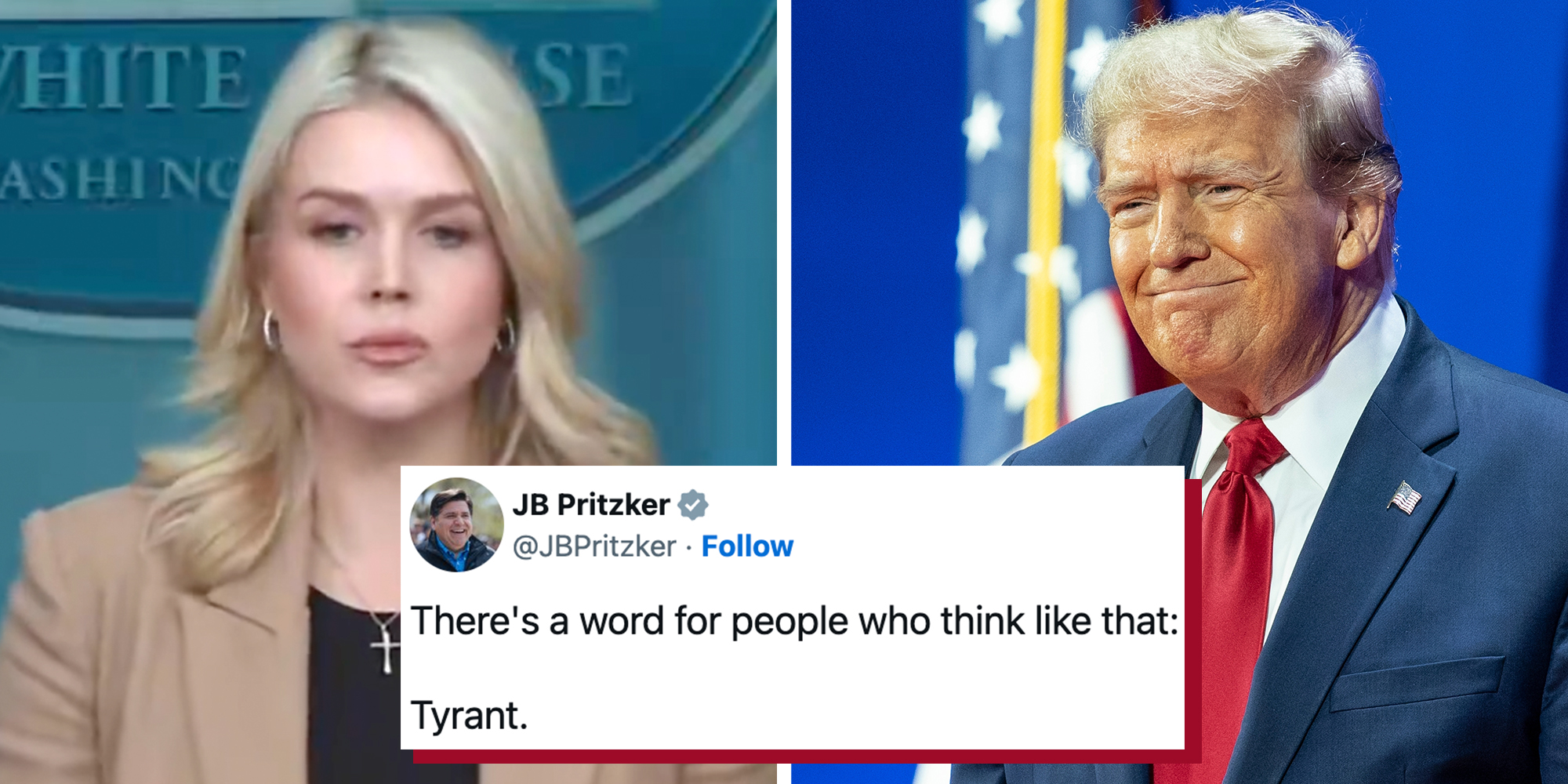 Left: Press Secretary Karoline Leavitt speaking during a press conference. Right: President Donald J. Trump smirking against a blue background featuring and American flag.