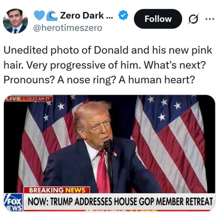 Tweet reading "Unedited photo of Donald and his new pink hair. Very progressive of him. What's next? Pronouns? A nose ring? A human heart?" Below is a screenshot of Donald Trump giving a speech at the Kennedy Center.