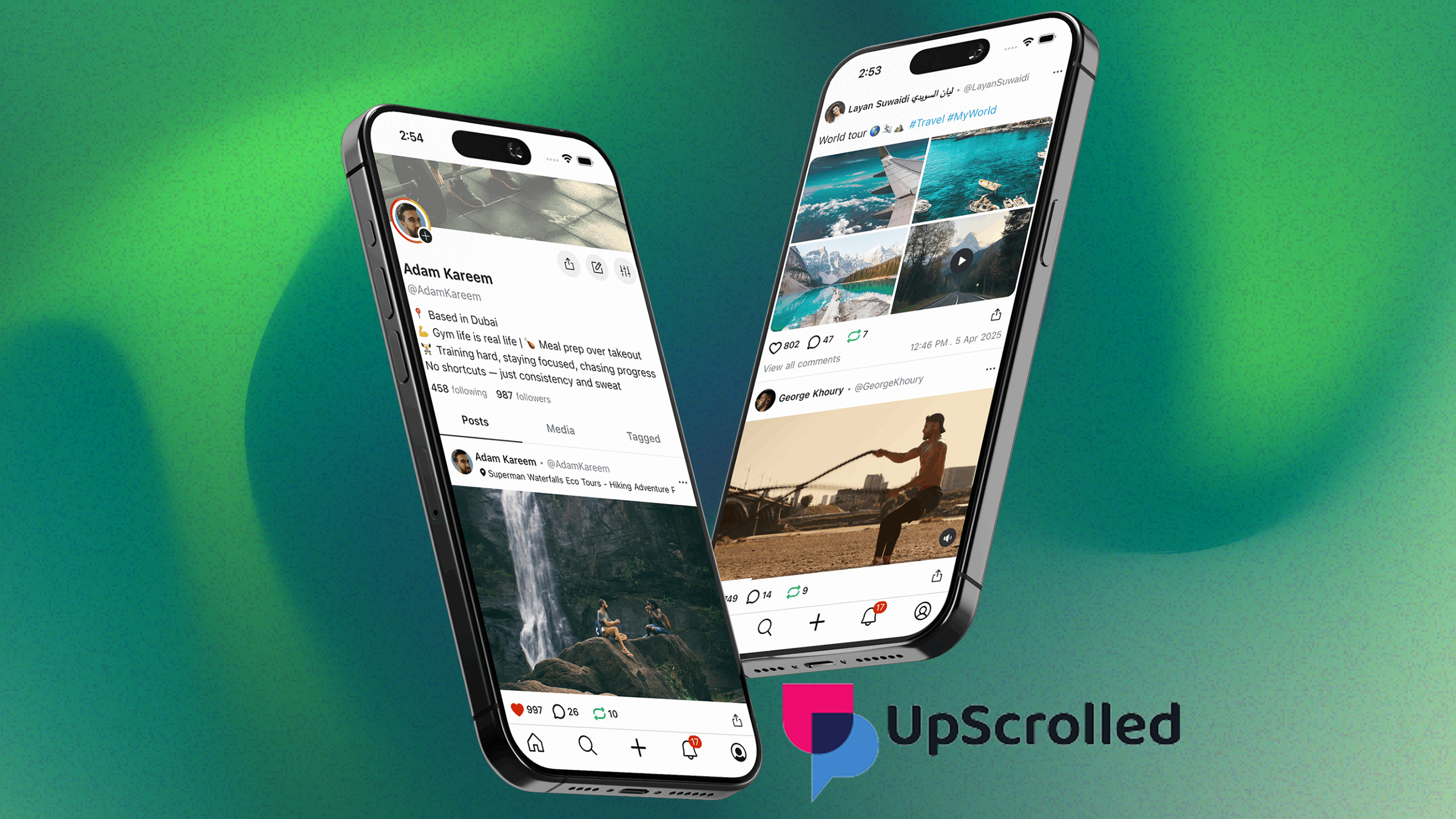 Logo of UpScrolled app on green gradient background.