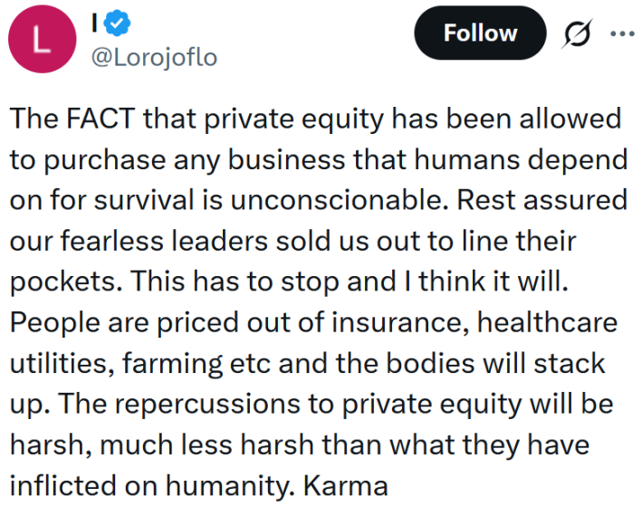 Tweet reading "The FACT that private equity has been allowed to purchase any business that humans depend on for survival is unconscionable. Rest assured our fearless leaders sold us out to line their pockets. This has to stop and I think it will. People are priced out of insurance, healthcare utilities, farming etc and the bodies will stack up. The repercussions to private equity will be harsh, much less harsh than what they have inflicted on humanity. Karma"