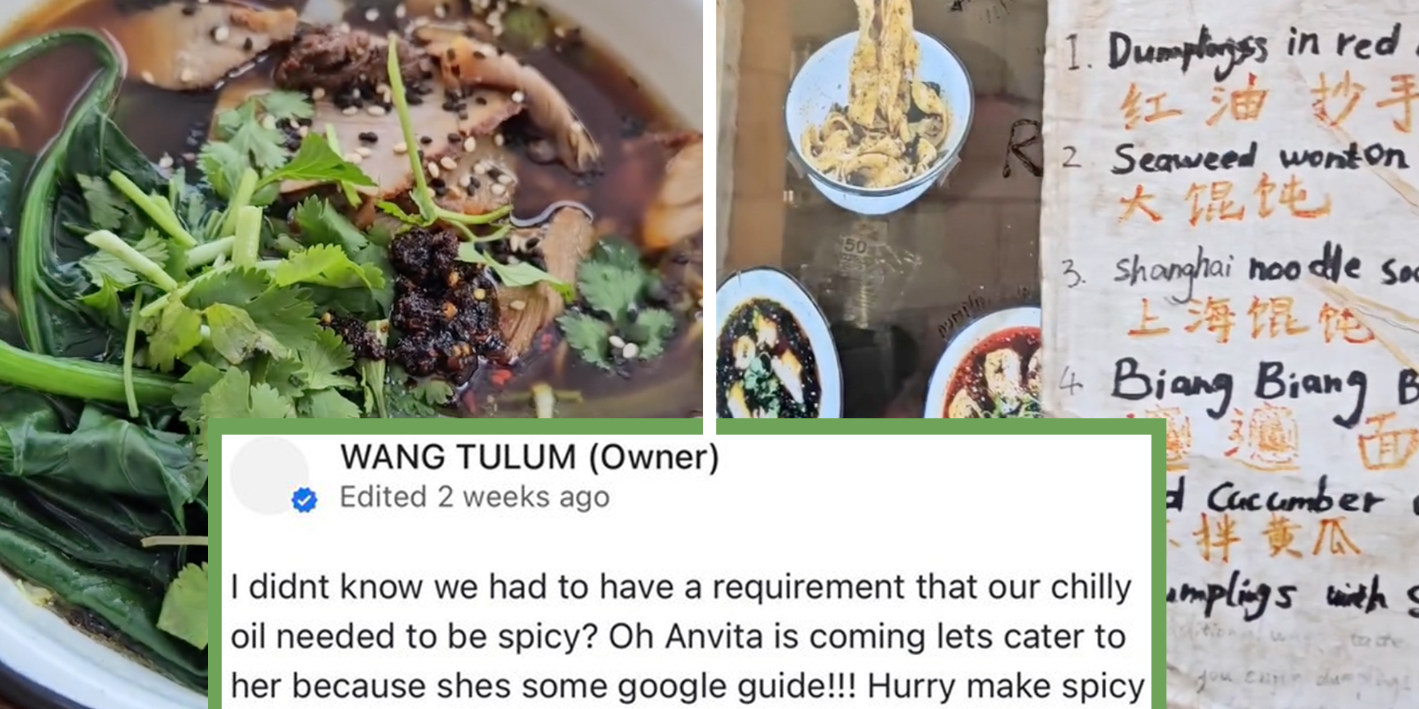 Left: Spicy pork soup. Right: Wang Tulum restaurant menu. Wang Tulum Google review overlay.