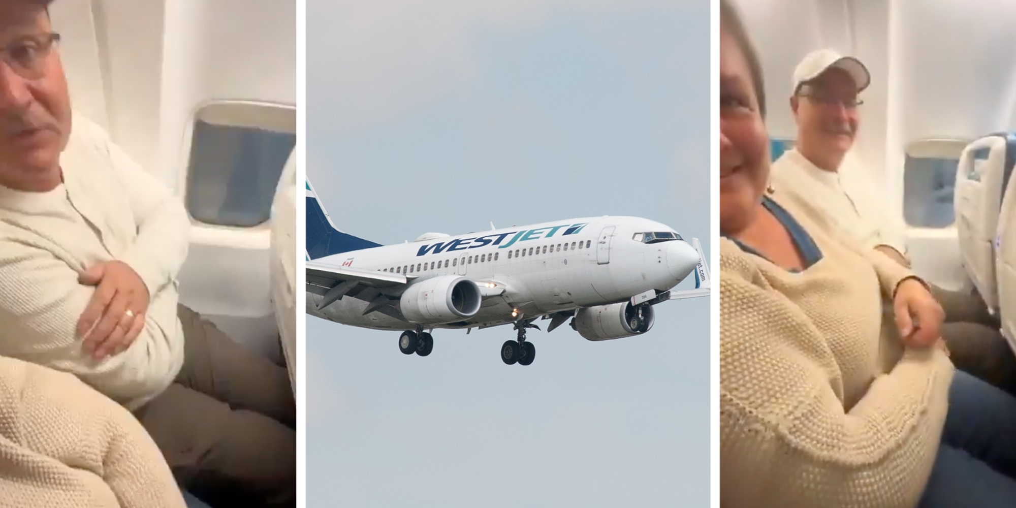 Left: Man sitting in an airplane seat, his knees cramped against the seat in front of him. Middle: WestJet Boeing 737 flying through the air against a blue sky with clouds. Right: Couple sitting in airplane seats, their knes cramped in front of them.