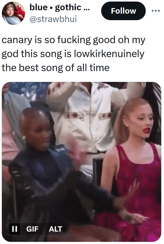 Tweet reading "canary is so fucking good oh my god this song is lowkirkenuinely the best song of all time"