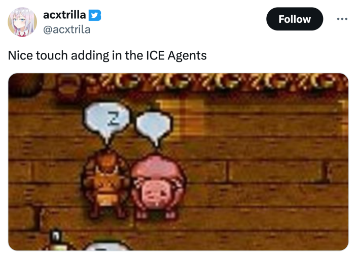 Tweet that reads, "Nice touch adding in the ICE Agents" with a screenshot of a pig and cow sleeping side by side.