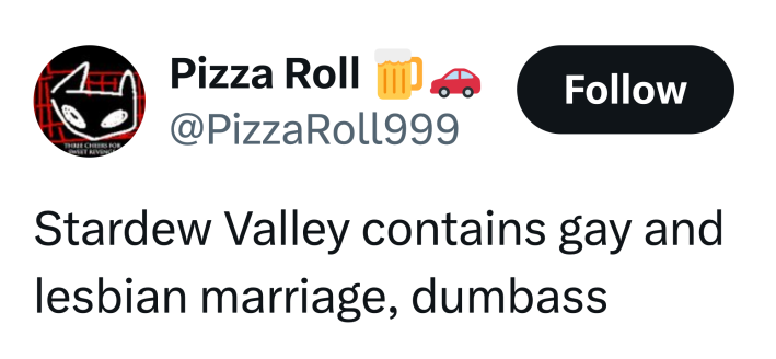Tweet that reads, "Stardew Valley contains gay and lesbian marriage, dumba**"