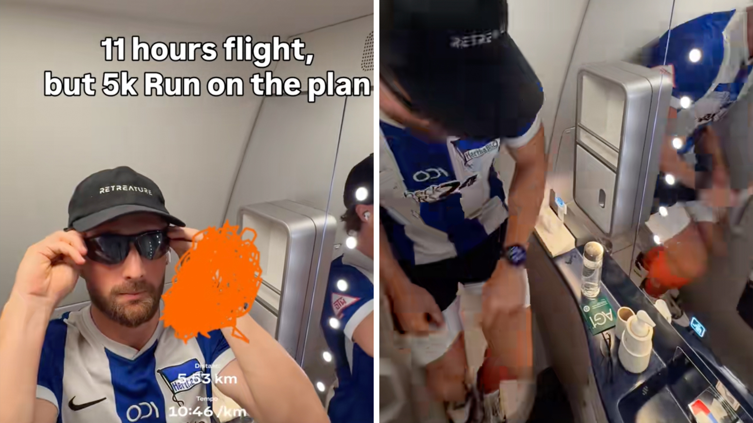 Man in an airplane bathroom in running clothes, text overlay reads, "11 hour flight, but 5k run on the plane."