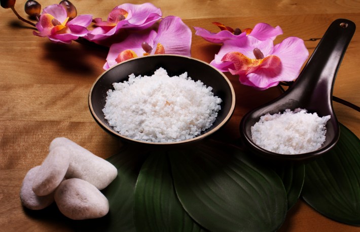 bowls of salt among flowers