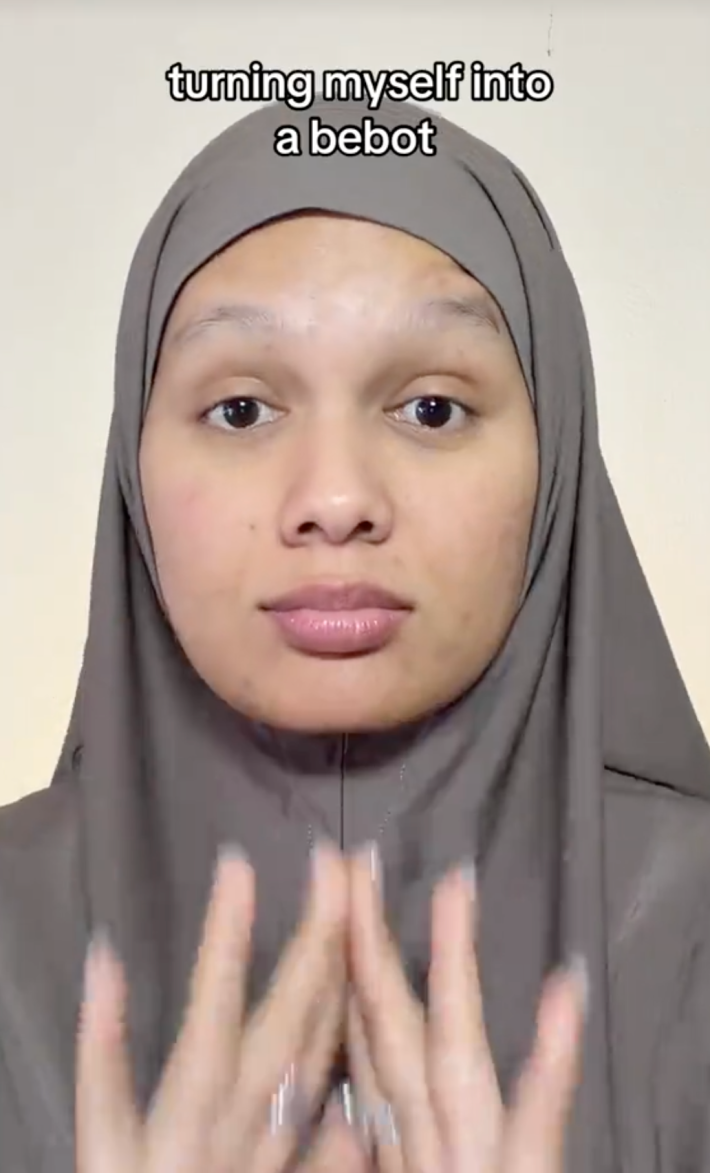 the "before" photo of a TikTokker who is not in glam, with the title "turning myself into a bebot"