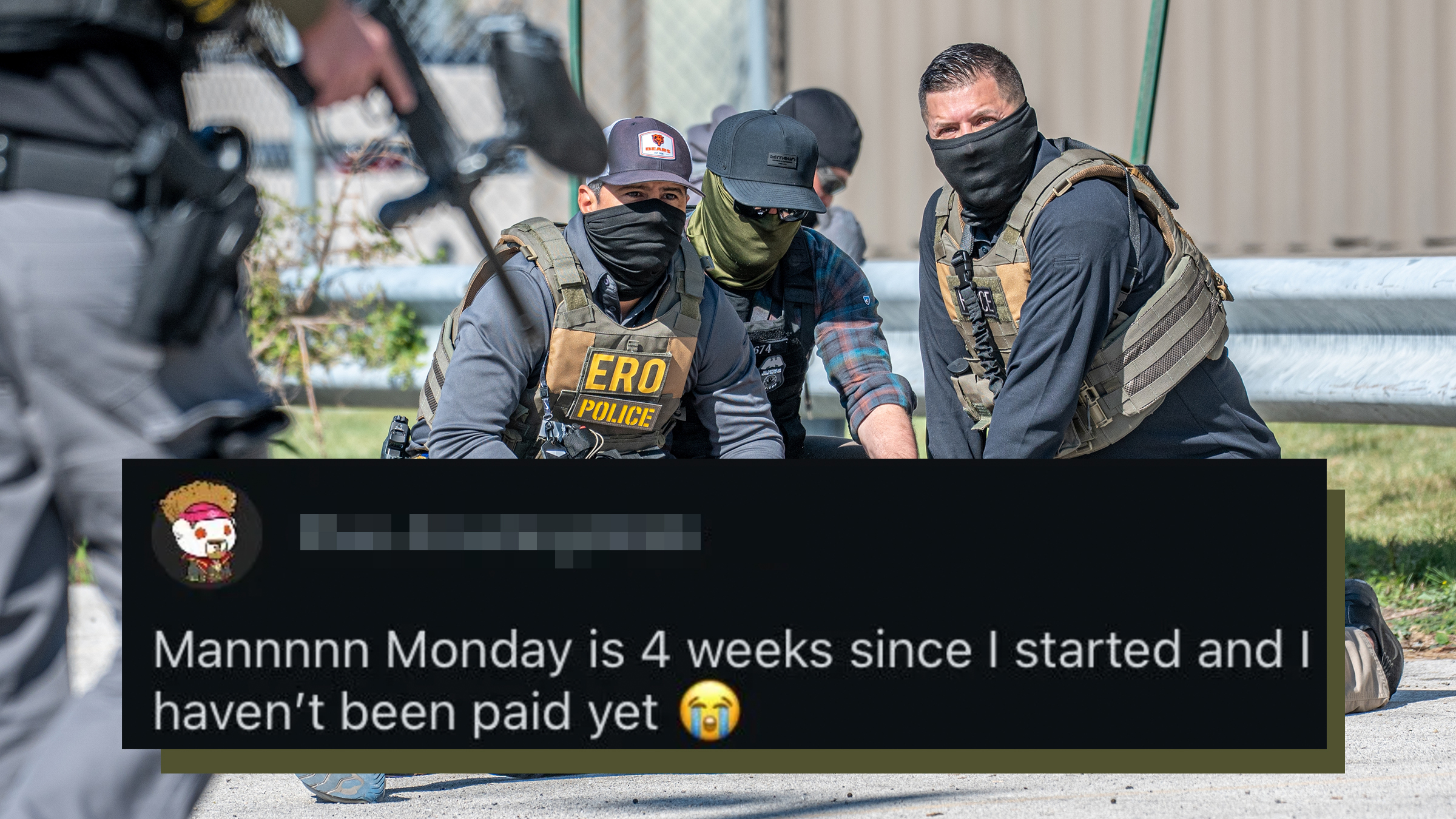 Three masked ICE agents at an ICE processing center in Broadview, Illinois, they are wearing armor and firearms and are squatting down restraining a man they have handcuffed on the pavement.