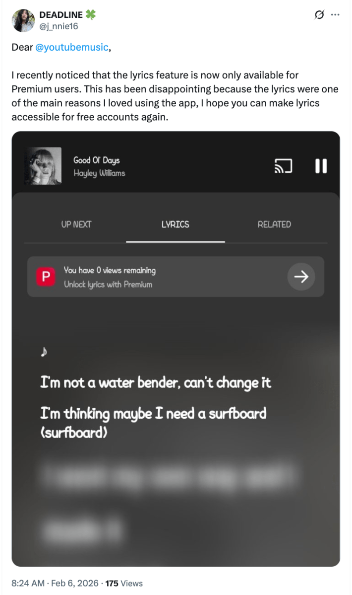 An X post about how Youtube Music won't let the user see scrollable lyrics anymore
