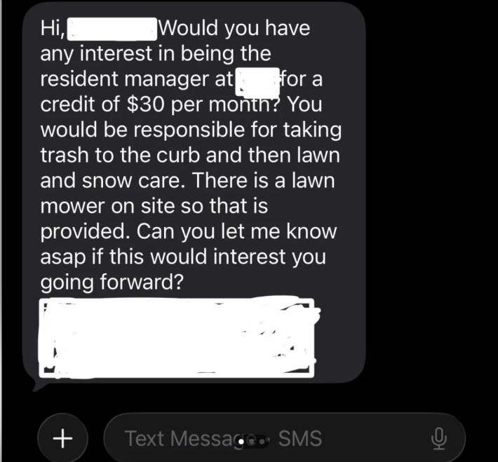 a photo of a text from the OP's landlord, asking him to do a bunch of things for 30 dollars off of rent