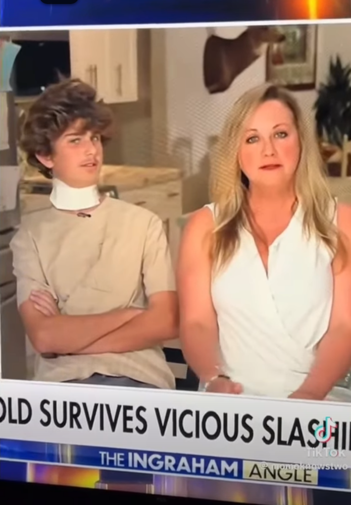 a screenshot from a laura ingraham interview with the victim and his mom