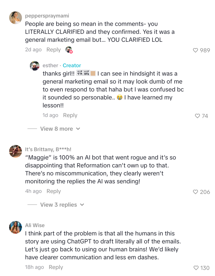 comments on a tiktok from a creator who was catfished by reformation